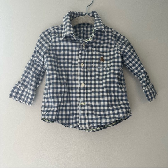 GAP Other - Gap denim baby boy button down blue white checkered bear long sleeve shirt 6-12M